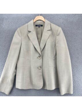 Le Suit Blazer Womens 12 Petite Beige Button Up Princess Seam Long Sleeve Jacket